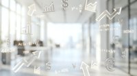 Financial data and growth charts overlay modern office corridor with blurred background, representing business analytics, investment strategy, and market performance for corporate presentations.