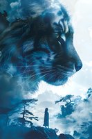 Mystical double exposure of giant cat face merged with silhouette of person standing on cliff edge against dramatic blue cloudy sky and trees.