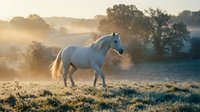 White horse standing in misty meadow at sunrise, surrounded by trees and golden light. Suitable for equestrian, nature, and wellness design projects.