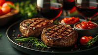 Grilled beef tenderloin steaks with rosemary sprigs, cherry tomatoes and red wine. Dark moody food photography on black plate with spices and sauce.