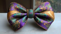 Elegant purple silk bow tie with ornate golden paisley pattern and decorative rhinestone center, formal menswear accessory for special occasions and events.