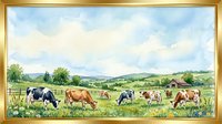 Pastoral countryside scene with dairy cows grazing in green meadow under cloudy sky. Rural farm landscape with rolling hills and barn for agriculture content.