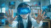 Young Asian woman wearing virtual reality headset with glowing blue holographic interface, gesturing with hands in modern classroom environment.