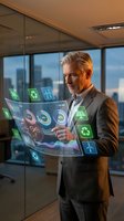 Mature Caucasian businessman using holographic sustainability interface with green energy icons in modern office environment for corporate presentations.