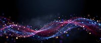 Abstract flowing wave with glowing particles and bokeh lights on dark background for digital art, technology presentations, and modern design projects.