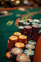 Stacks of colorful gaming chips on green felt table with soft bokeh lights in background, creating atmospheric mood in gaming establishment. For entertainment concepts.