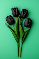 Black tulips with green stems and leaves arranged on mint green background. Elegant floral composition for modern design, greeting cards and invitations.