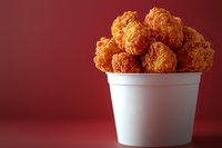 Crispy golden fried chicken nuggets or popcorn chicken pieces piled high in white paper bucket against deep red background, dramatic lighting creates appetizing mood.