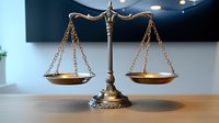 Decorative brass scales of justice in perfect balance on wooden desk against blurred office background, symbolizing law, fairness and legal proceedings.