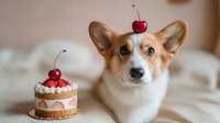 Adorable corgi dog with cherry cupcake on head lying on white bedding. Funny pet portrait for birthday celebration and dessert themed content.