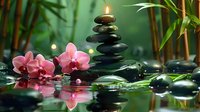 Balanced black stones with burning candle on water surface, pink orchid flowers and bamboo stems in green zen garden background with reflection.