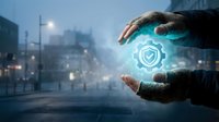 Hands holding glowing shield icon with security symbol over urban cityscape at dusk, representing data protection, cybersecurity, and digital safety for business applications.