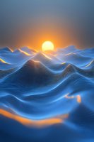 Abstract digital waves in blue tones with glowing orange sunset creating surreal landscape. Flowing lines form mountain-like shapes against dramatic sky. For technology backgrounds.