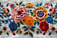 Vibrant floral embroidery pattern featuring colorful folk art style flowers in pink, orange, red and blue with green leaves on white fabric, showcasing traditional craft detail.