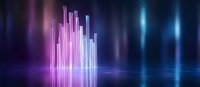 Glowing pink and blue neon pillars rise from reflective surface against dark background creating futuristic cityscape visualization with dramatic lighting effects.