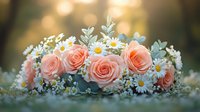 Pink roses and white daisies arrangement with eucalyptus leaves on grass in soft golden bokeh background, romantic floral composition for wedding and celebrations.