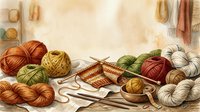 Assorted yarn balls in warm earth tones with knitting needles and wooden accessories arranged on neutral surface for crafting and hobby projects.