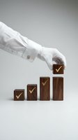 Businessperson in white shirt placing wooden block with checkmark on ascending stack, symbolizing progress, success, and business growth strategy for corporate development.