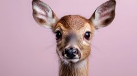 Young deer fawn with large ears and innocent expression against pink background, close-up portrait showing detailed facial features and soft brown fur.
