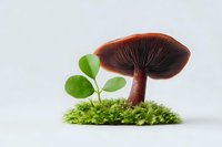 Brown mushroom with reddish cap growing on green moss with small plant sprout against white background. Isolated nature composition for food or botanical concepts.