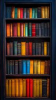 Vintage hardcover books in various colors arranged on dark wooden bookshelf. Collection of classic literature volumes creates vibrant rainbow pattern against moody background.
