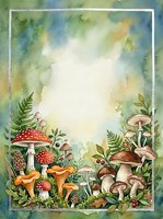 Watercolor forest mushroom frame with ferns and foliage on textured background. Botanical border design for invitations, cards and nature-themed projects.