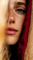Close-up portrait of young woman with natural freckles and bright blue eyes wearing red scarf, partial face view showing natural beauty and soft lighting.