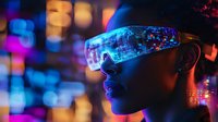 Young Black woman wearing futuristic AR glasses with glowing digital data overlay, surrounded by vibrant neon bokeh lights.