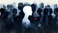 White silhouette stands out from dark crowd with red heart, symbolizing individuality, leadership, compassion and human connection in business teamwork.