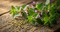Fresh oregano herbs with purple flowers and dried spices on rustic wooden background for culinary cooking and natural medicine applications.