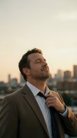 Middle-aged Caucasian male professional in business attire adjusting tie against urban skyline at golden hour, conveying confidence and contemplation for corporate and lifestyle use.