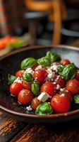 Fresh cherry tomatoes with feta cheese crumbles and basil leaves on dark ceramic plate, seasoned with black pepper. Mediterranean appetizer served on wooden table.