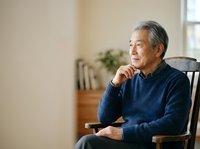 Senior Asian man with gray hair wearing dark blue sweater sitting in chair holding tablet, contemplative pose with hand near chin, suitable for retirement, technology adoption, and senior lifestyle concepts.