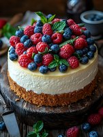 Fresh cheesecake topped with ripe raspberries and blueberries on graham cracker crust, garnished with mint leaves, served on rustic wooden surface.