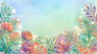 Watercolor tropical floral background with colorful flowers, palm leaves, and glowing bokeh lights in pastel green, pink, and purple tones.