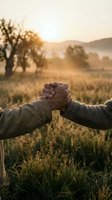 Two people joining hands in warm handshake against golden sunset countryside landscape with mountains and trees creating peaceful connection moment.
