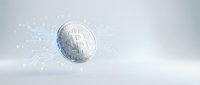 Silver bitcoin cryptocurrency coin floating in futuristic digital space with circuit board patterns and glowing light effects for fintech presentations.