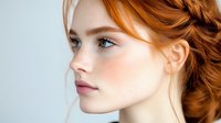 Young redhead woman with natural makeup and freckles in profile view against light background, showing delicate features and glowing skin. Elegant beauty portrait.