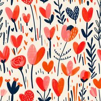 Romantic seamless floral pattern with hand drawn coral and navy flowers, hearts and botanical elements on cream background. Perfect for fabric, wallpaper and gift wrap design.