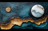 Abstract turquoise and gold resin art with white marble moon element on dark background. Fluid painting technique creates flowing lines and metallic textures for luxury decor.