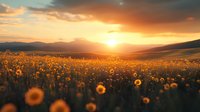 Sunflowers field at golden sunset with dramatic sky and sun rays breaking through clouds, mountain silhouettes in background create magical atmosphere.