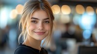 Young blonde woman smiling warmly at camera in modern cafe setting with soft bokeh lights creating cozy atmosphere for lifestyle and hospitality content.