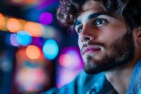 Young bearded man with intense blue eyes looking up thoughtfully against blurred colorful bokeh lights background in neon urban nightlife setting.