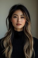 Young Asian woman with ombre hair and natural makeup wearing black turtleneck sweater against neutral background. Perfect for beauty, fashion, or lifestyle content.