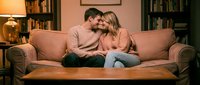 Young couple embracing on couch in cozy living room with bookshelves and warm lighting for romantic home lifestyle content.