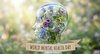 Glass head silhouette filled with colorful wildflowers and plants on natural background for World Mental Health Day awareness and wellness concepts.