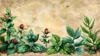 Watercolor botanical border with green leaves and red berries on aged paper background, vintage style garden illustration for nature-inspired designs.