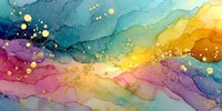 Vibrant watercolor abstract background with flowing organic shapes in rainbow gradient colors and golden bubbles for creative projects.