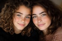 Young Caucasian women with curly brown hair and natural makeup smiling at camera, close-up portrait showing genuine happiness and friendship.