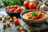 Creamy homemade hummus topped with chickpeas, paprika and fresh herbs served in rustic bowl with cherry tomatoes and garlic cloves for healthy Mediterranean appetizer.